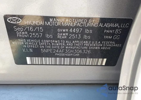 2016 Hyundai Sonata Se z USA, uszkodzony, nr VIN 5NPE24AF3GH306326